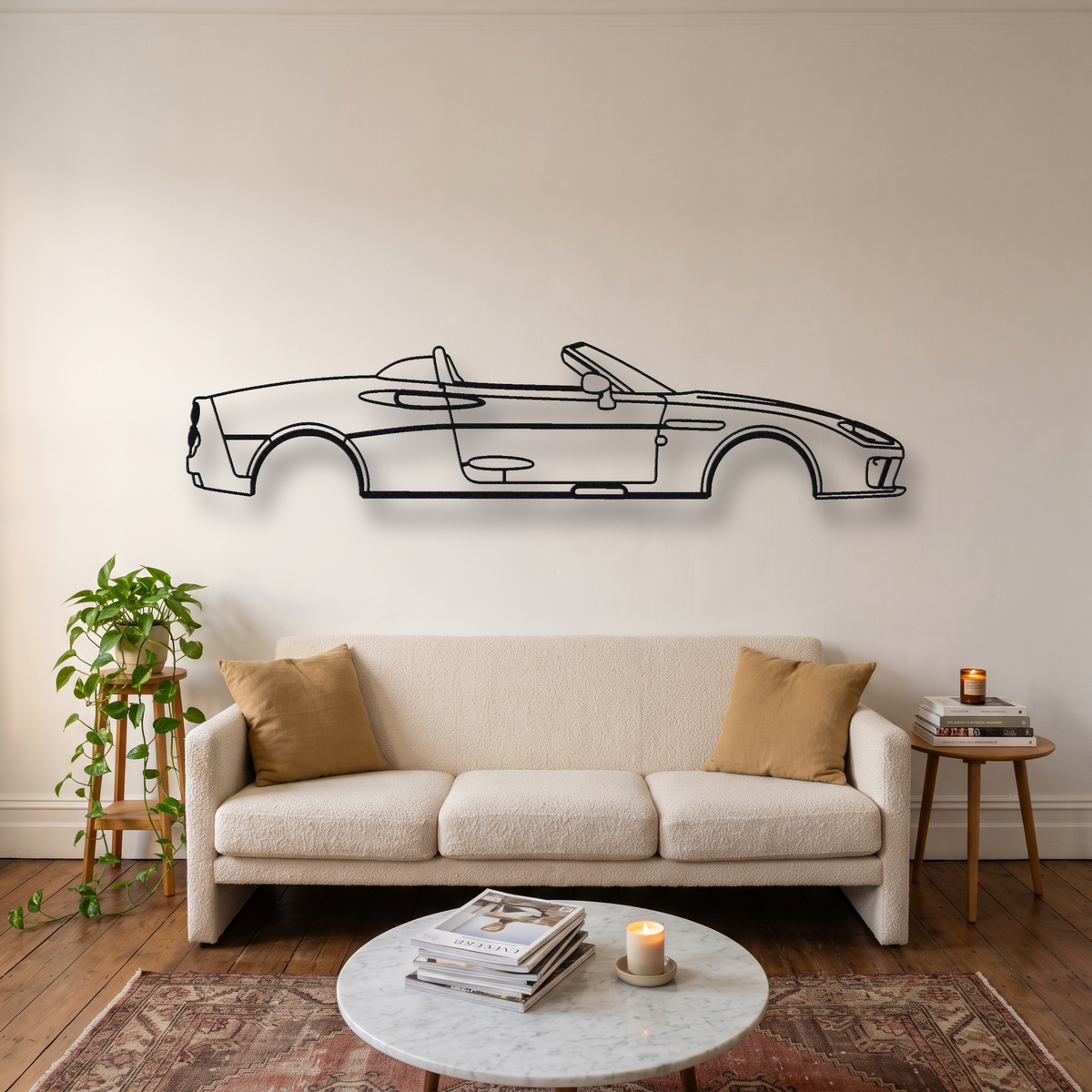 Spyker C8 Spyder metal wall art silhouette, front view on wall