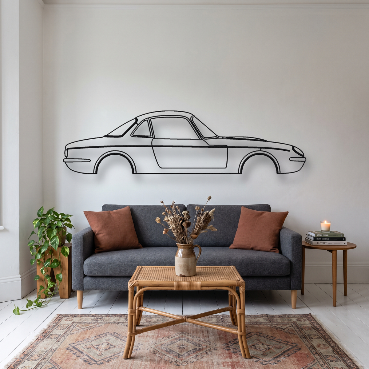 Lotus Elan Sprint metal wall art silhouette, front view on wall