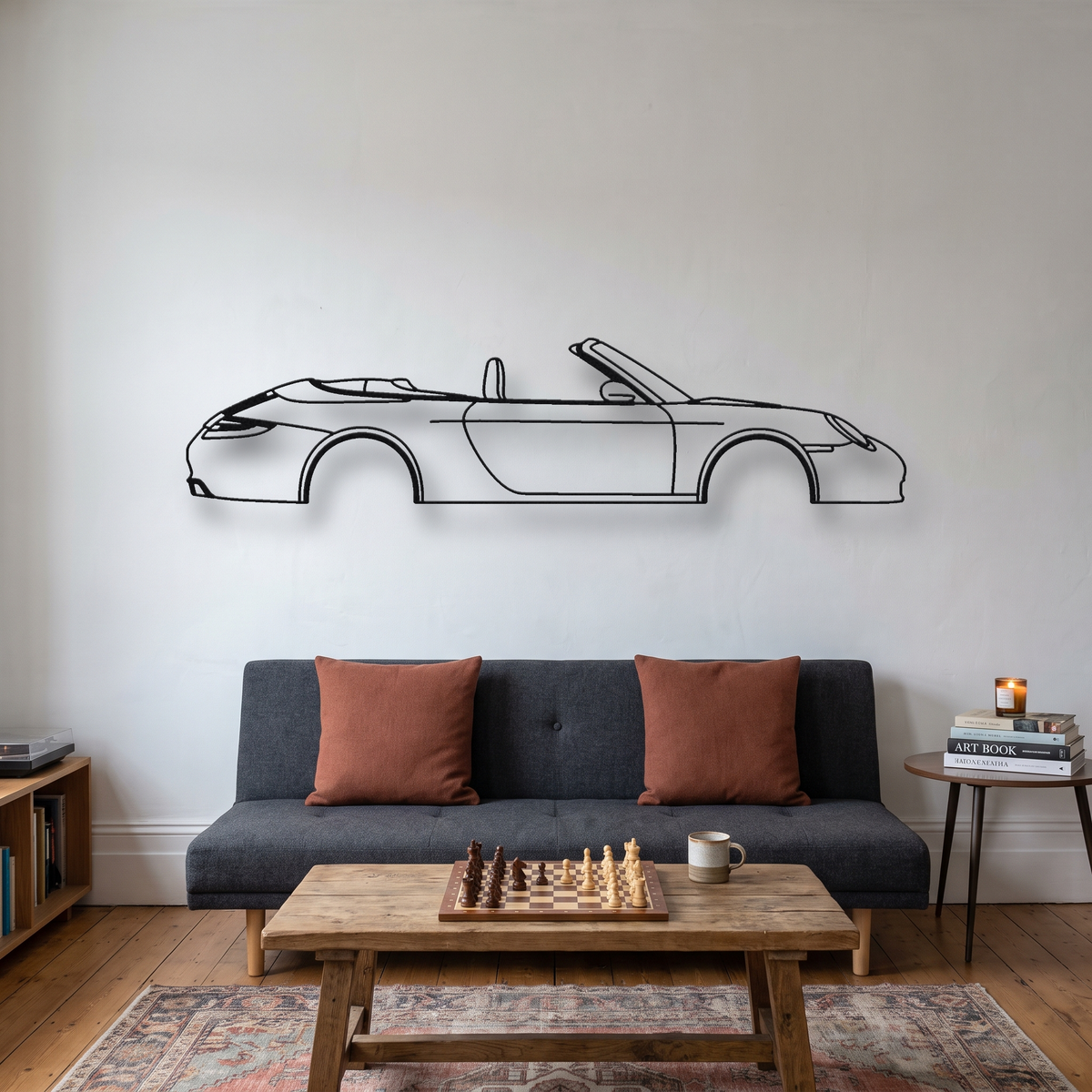 Porsche 911 Carrera Cabriolet 997.2 metal wall art silhouette, front view on wall