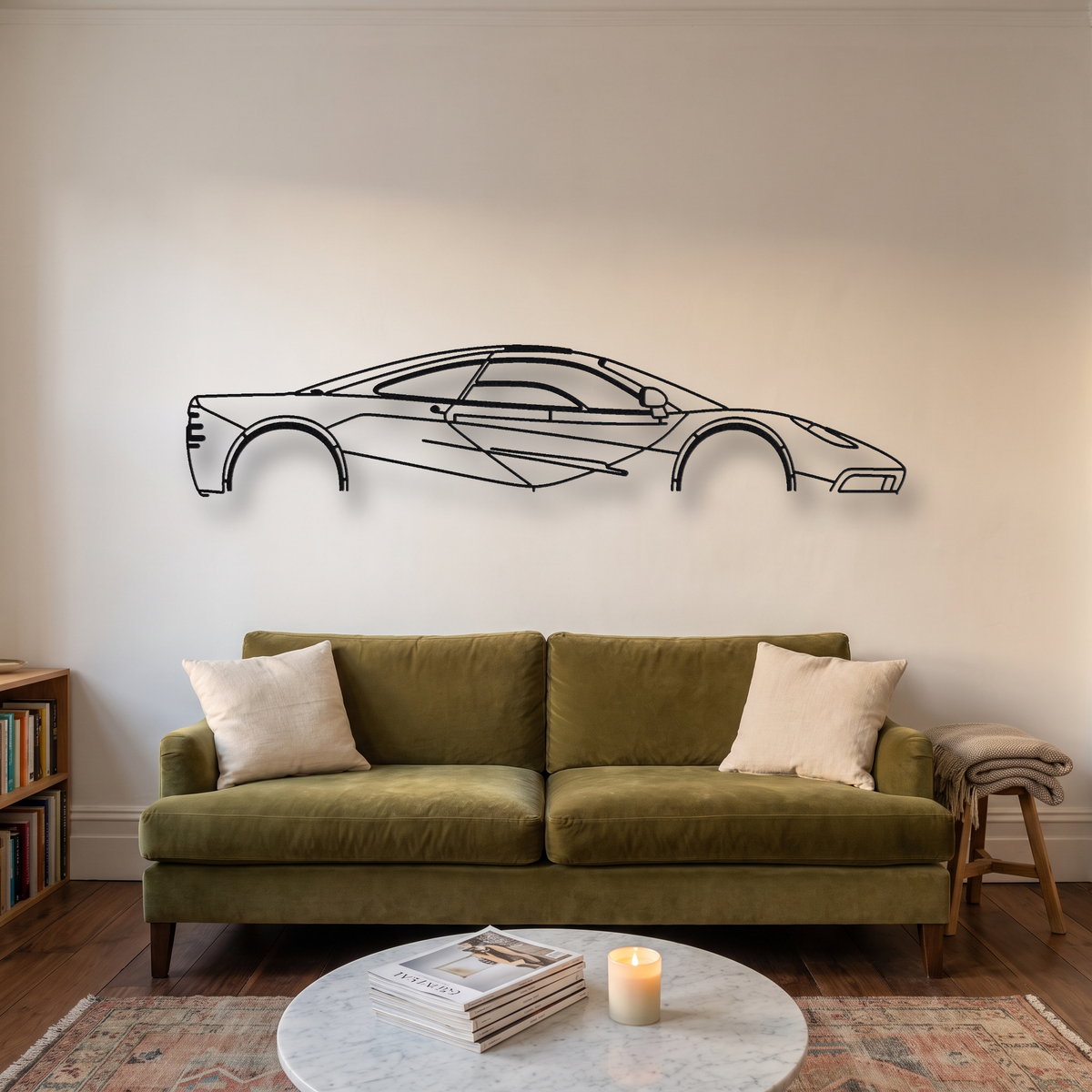McLaren F1 metal wall art silhouette, front view on wall