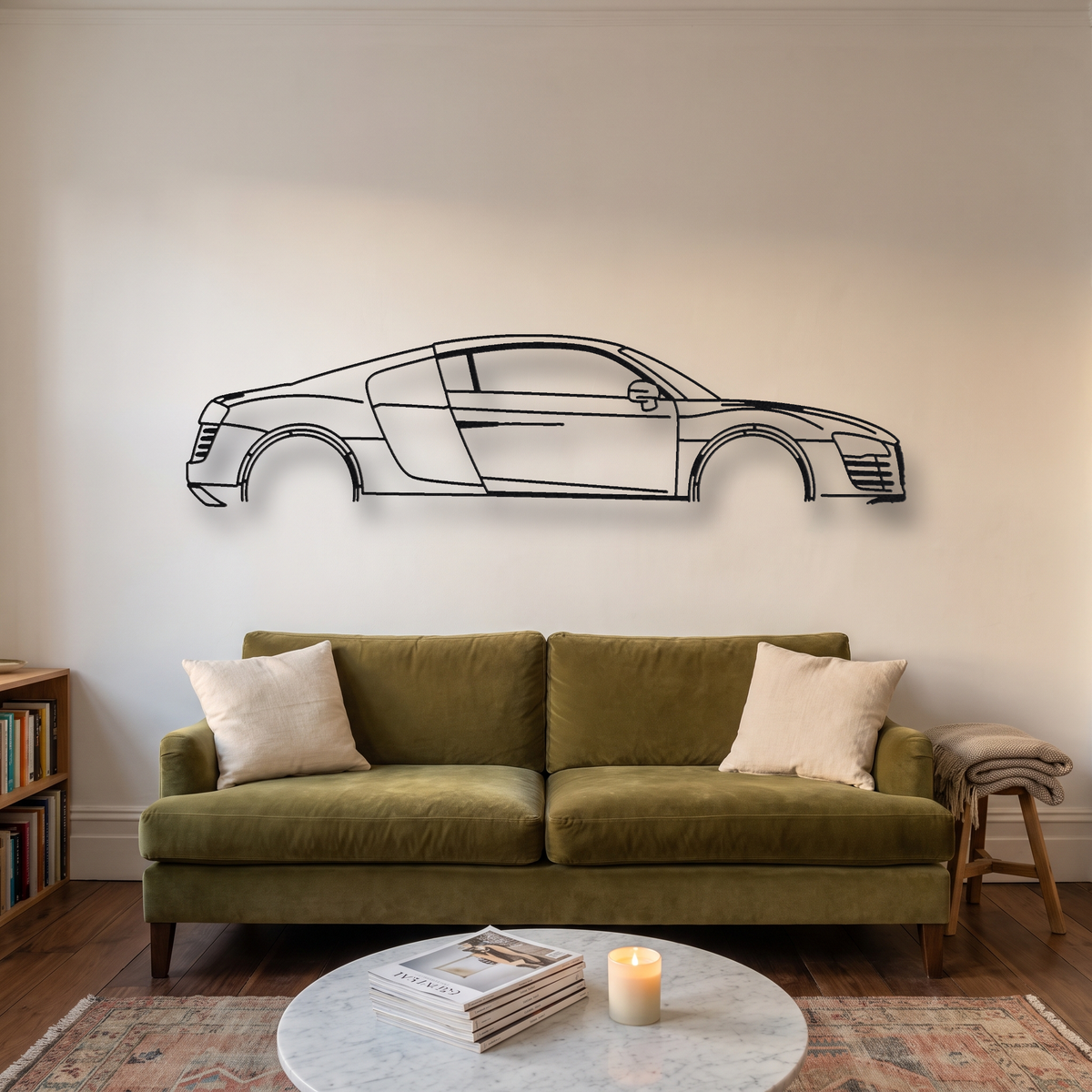 Audi R8 V8 Gen 1 Type 42 metal wall art silhouette, front view on wall