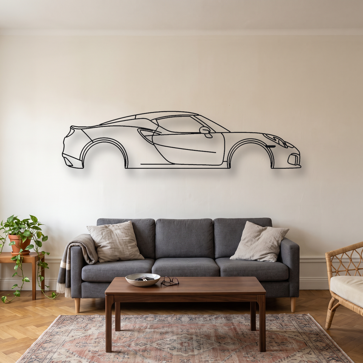 Alfa Romeo 4C Coupe metal wall art silhouette, front view on wall