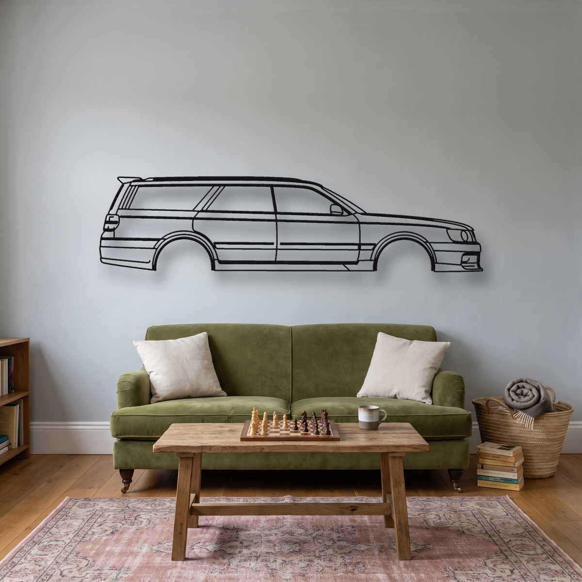 Nissan Stagea 260RS WC34 Autech metal wall art silhouette, front view on wall