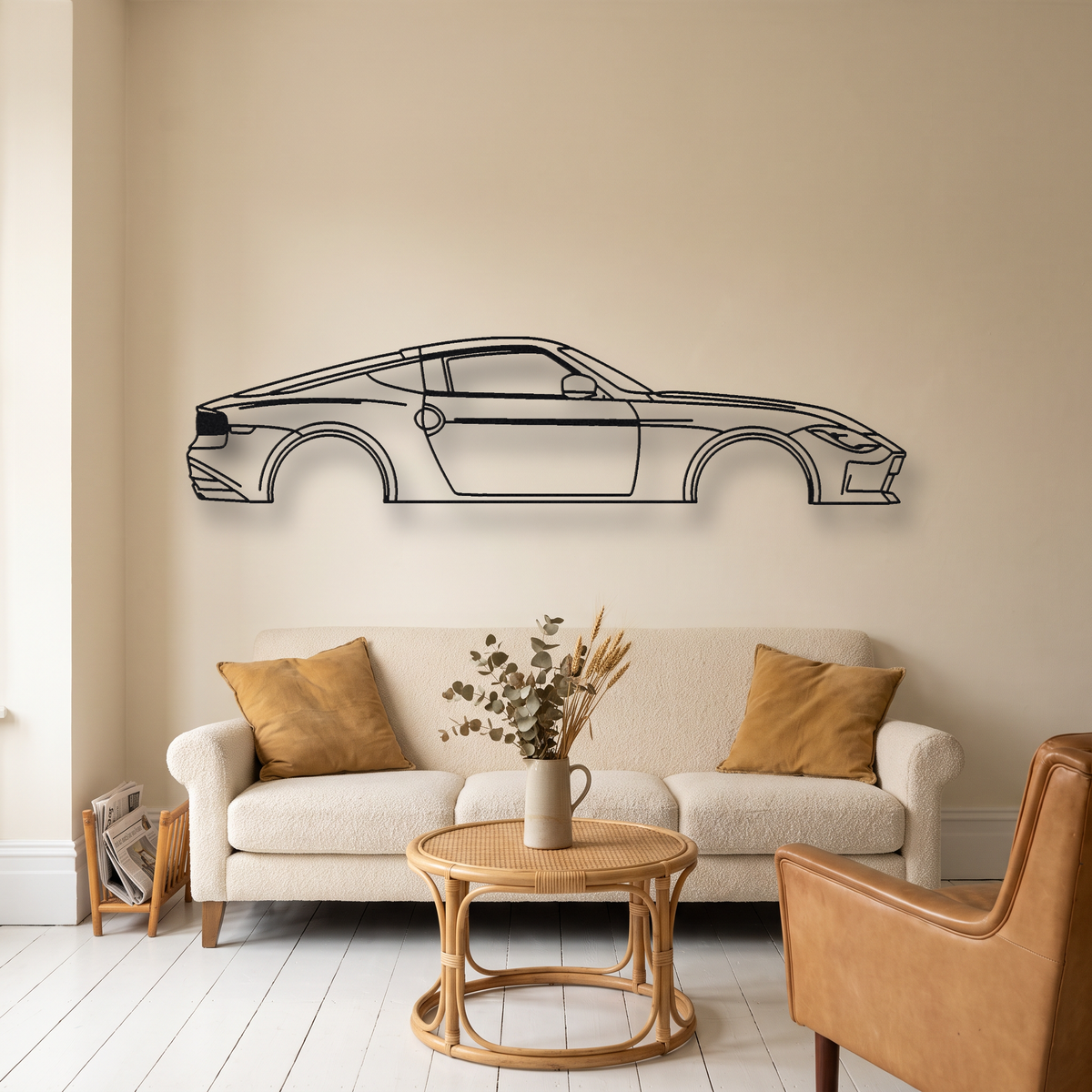 Nissan Z Heritage Edition RZ34 metal wall art silhouette, front view on wall