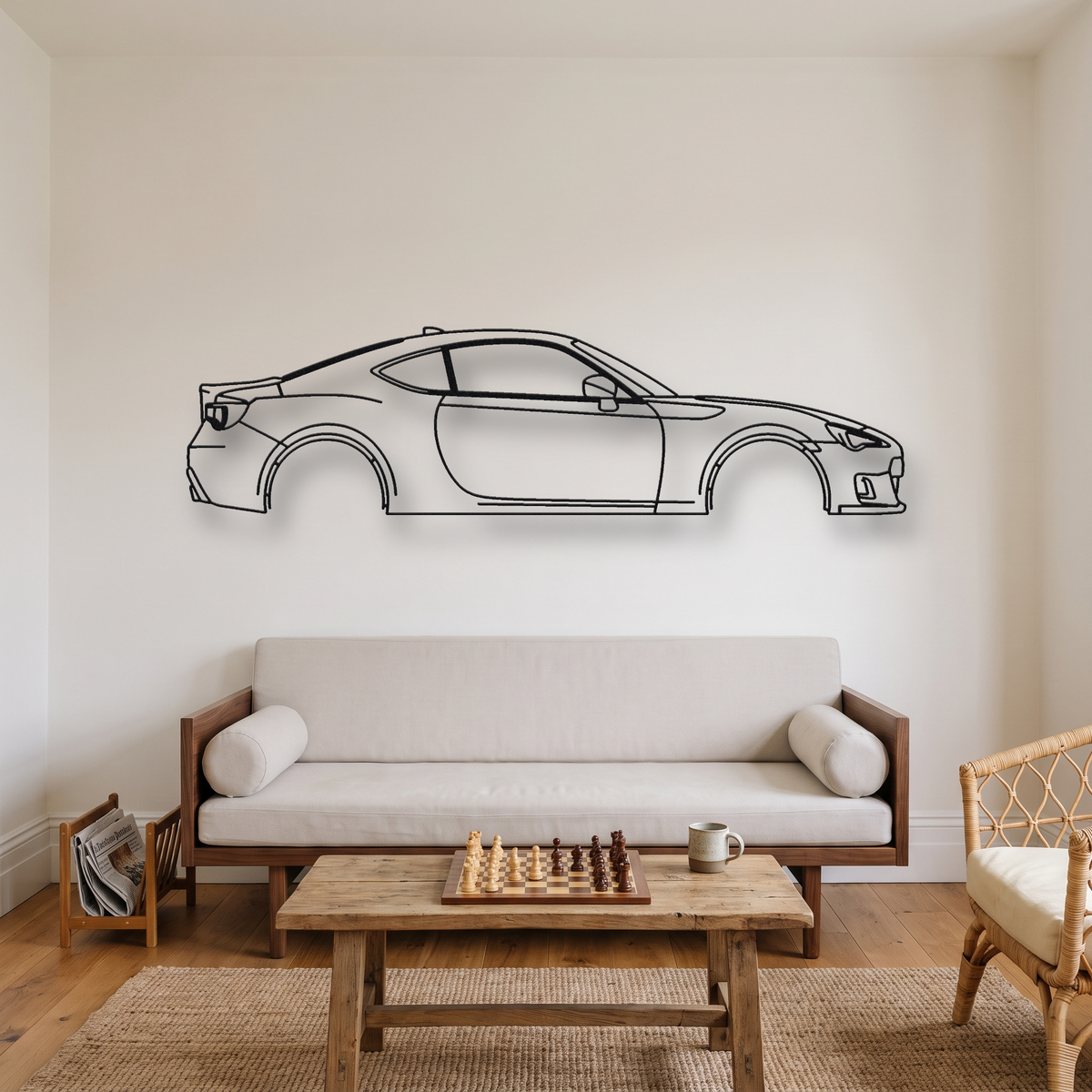 Subaru BRZ ZC6 metal wall art silhouette, front view on wall