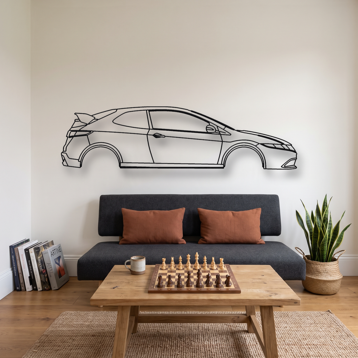 Honda Civic Type R FN2 metal wall art silhouette, front view on wall