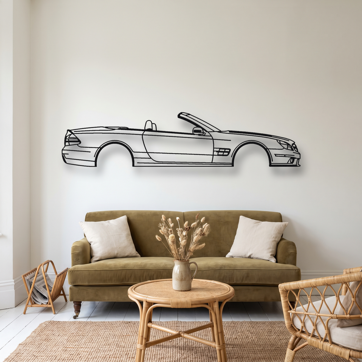 Mercedes-Benz SL65 AMG R230 metal wall art silhouette, front view on wall