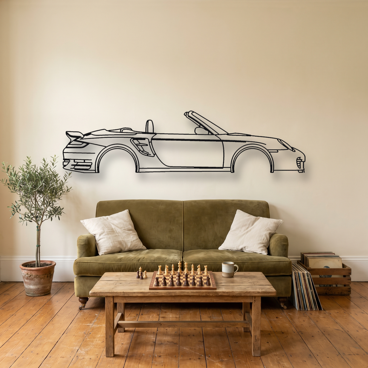Porsche 911 Turbo Cabriolet 997.1 metal wall art silhouette, front view on wall