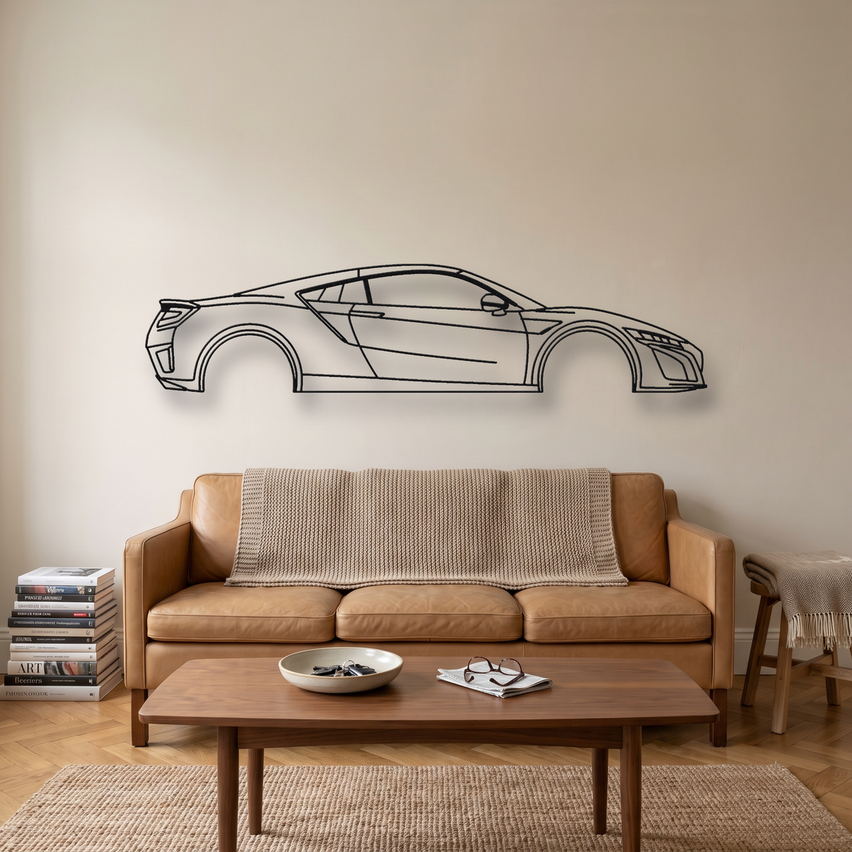 Acura NSX NC1 metal wall art silhouette, front view on wall