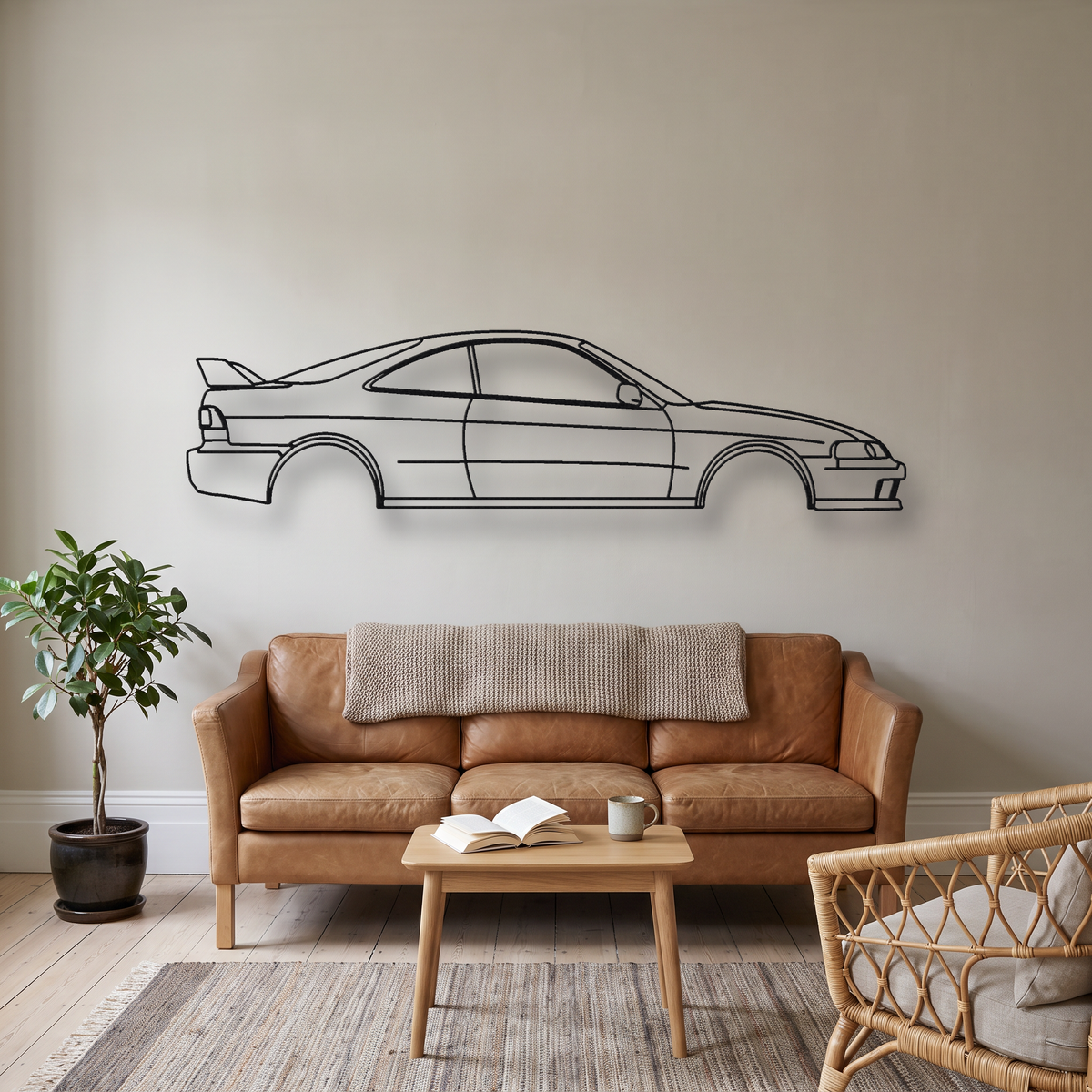 Honda Integra Type R DC2 metal wall art silhouette, front view on wall
