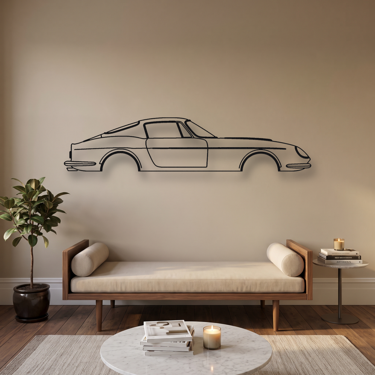 Ferrari 275 GTB/4 metal wall art silhouette, front view on wall