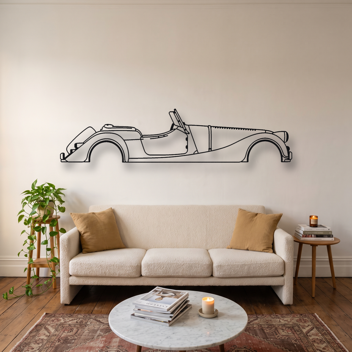Morgan Plus Four metal wall art silhouette, front view on wall