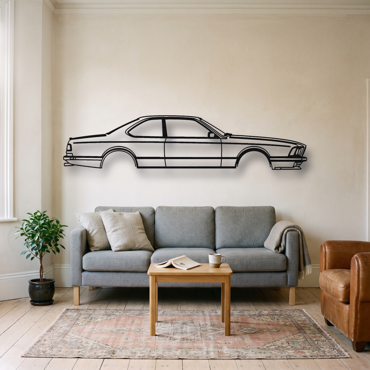 BMW M635CSi / M6 E24 metal wall art silhouette, front view on wall
