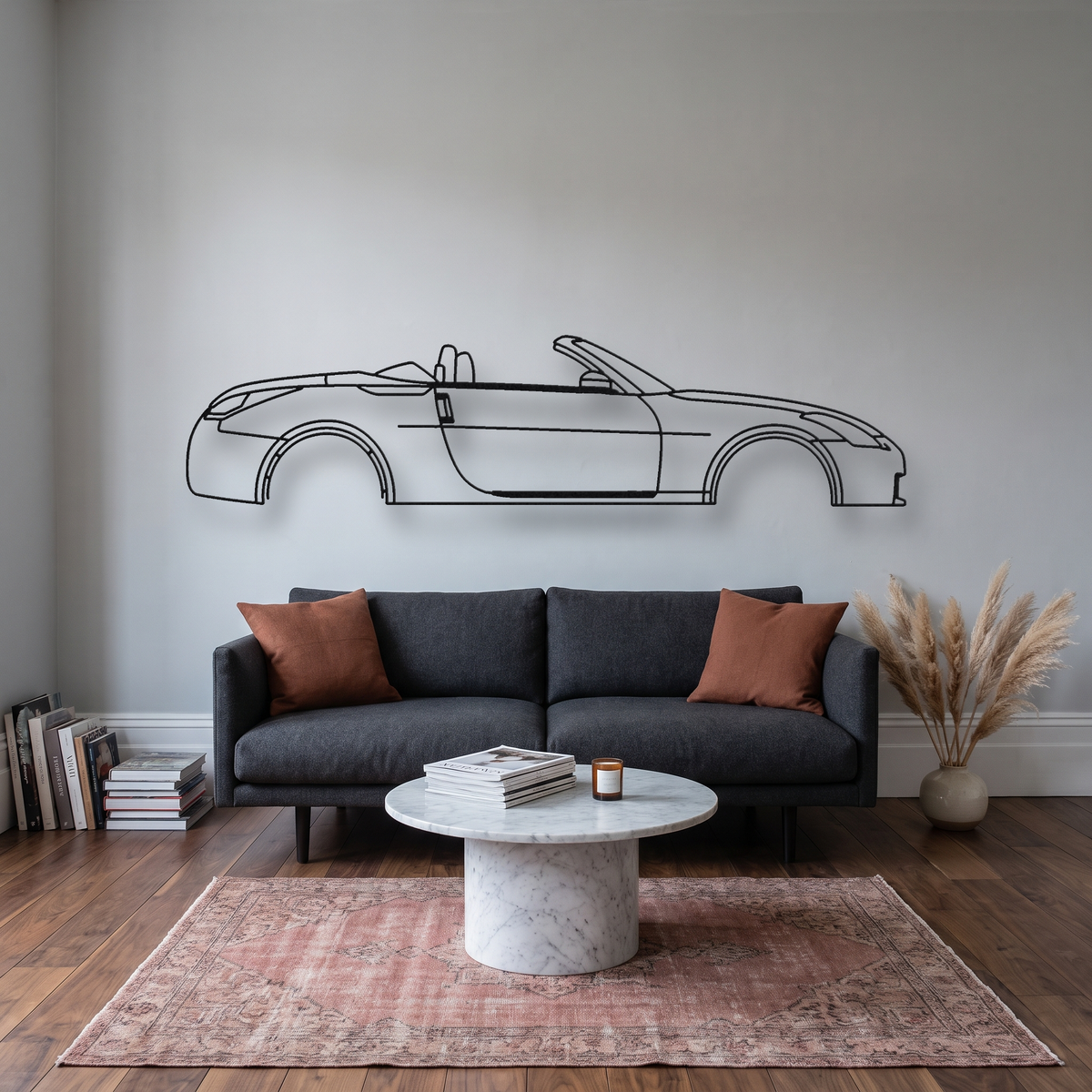Nissan 350Z Roadster Z33 metal wall art silhouette, front view on wall