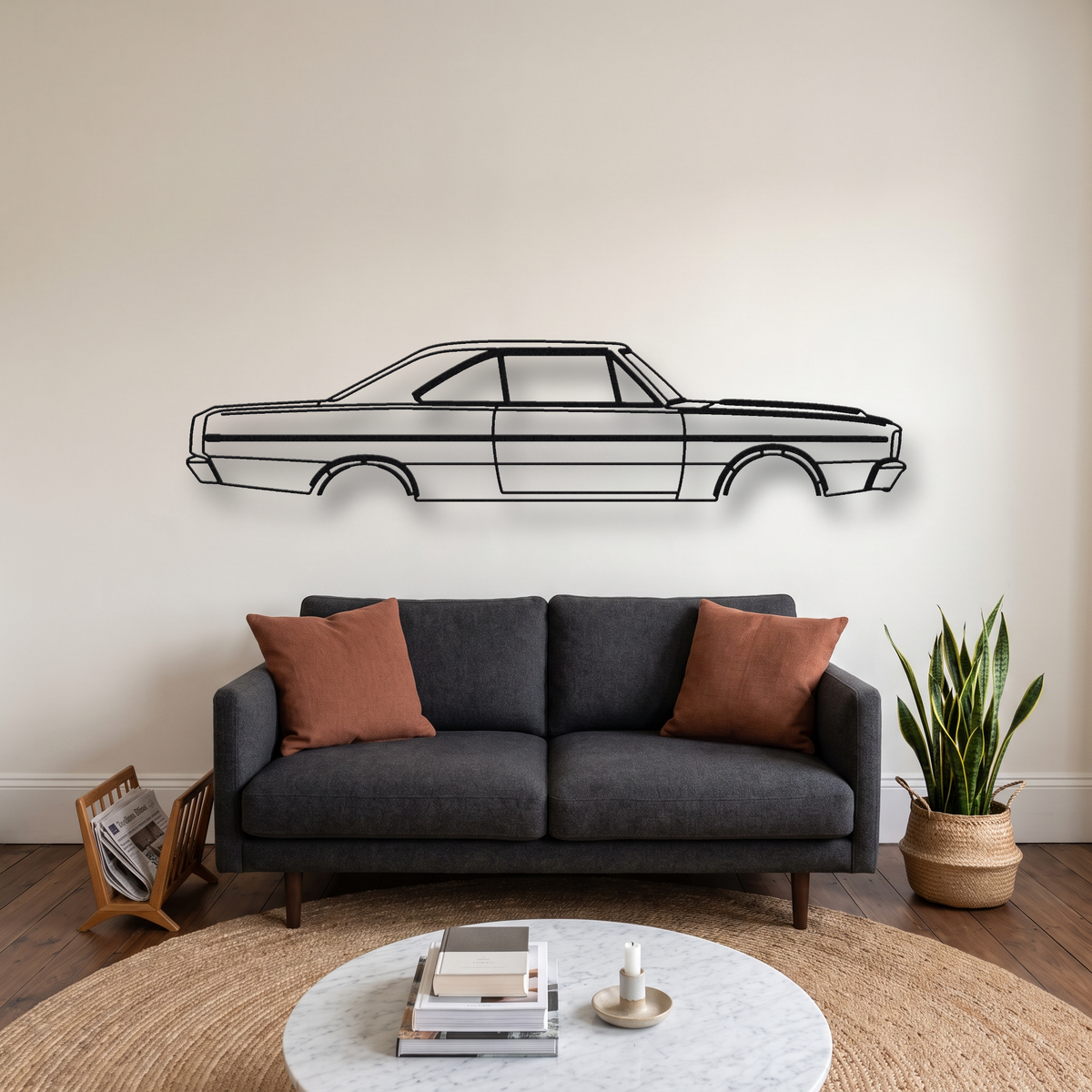 Dodge Dart GTS metal wall art silhouette, front view on wall