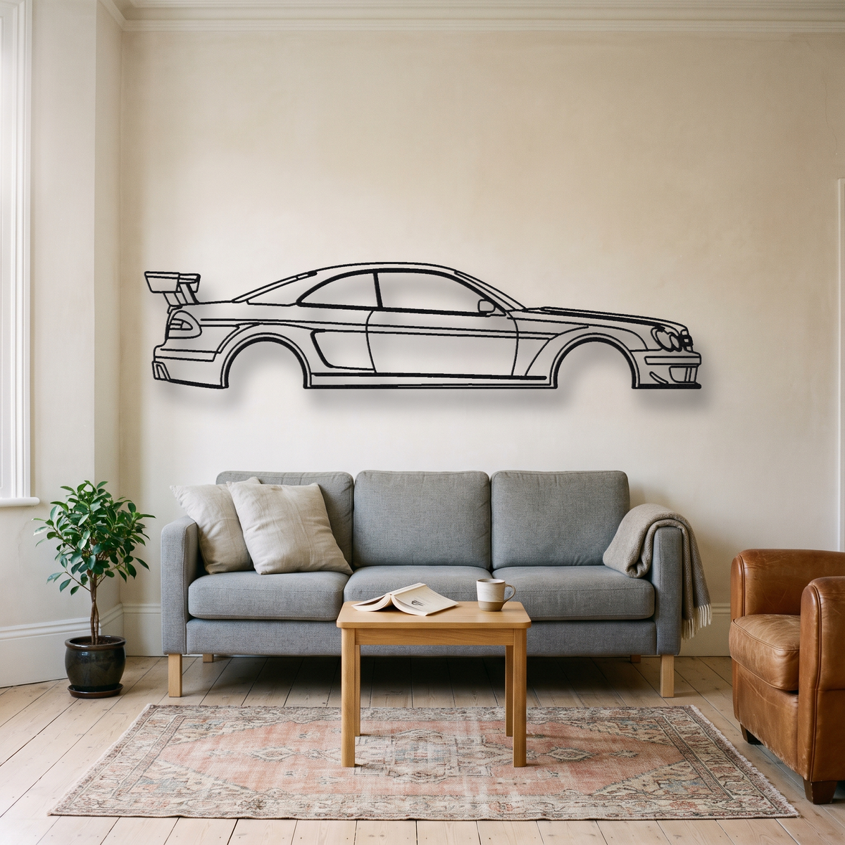Mercedes-Benz CLK DTM AMG metal wall art silhouette, front view on wall