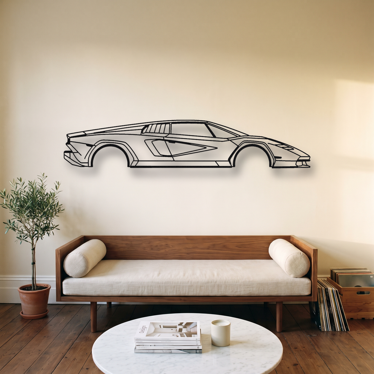 Lamborghini Countach LPI 800-4 metal wall art silhouette, front view on wall