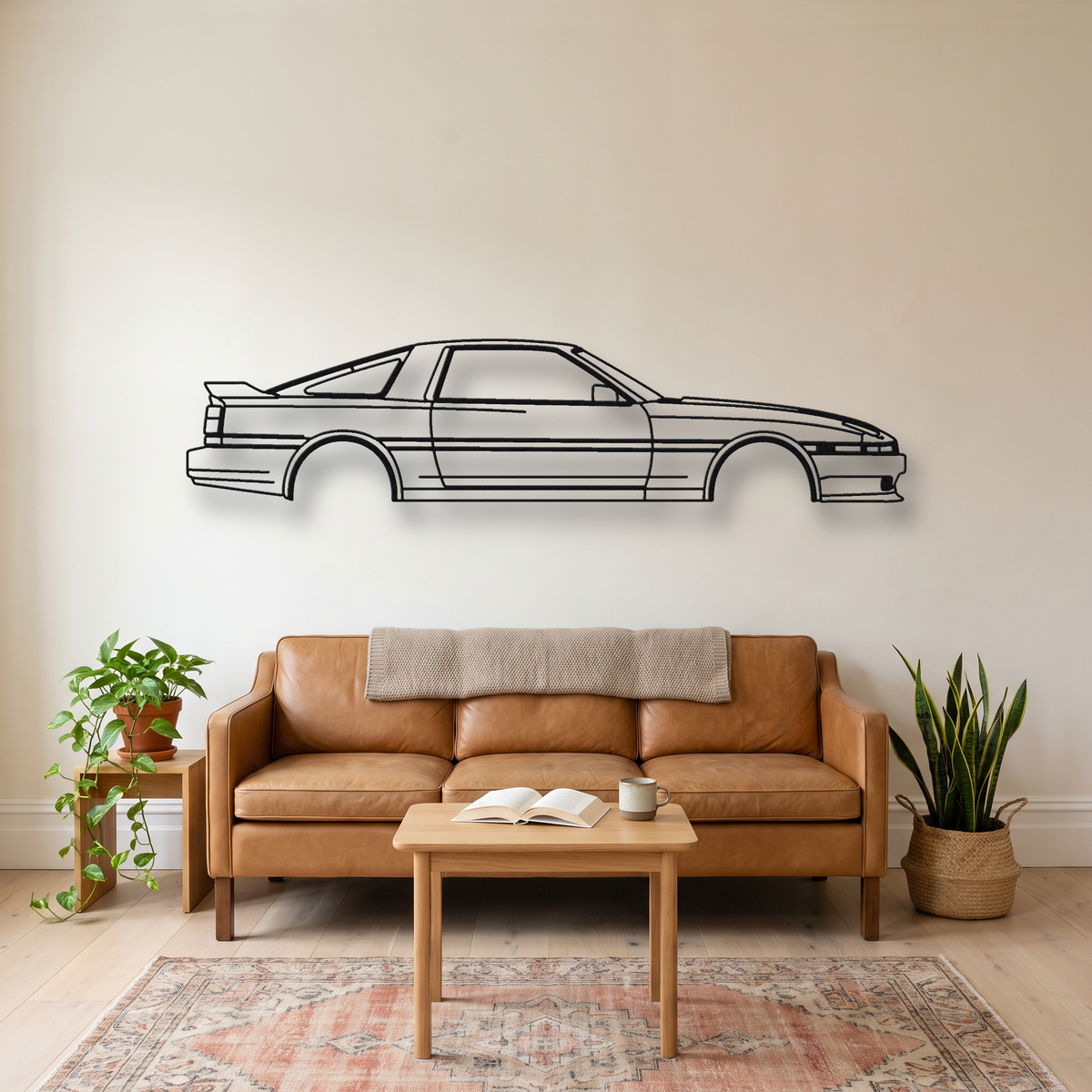Toyota Supra A70 metal wall art silhouette, front view on wall