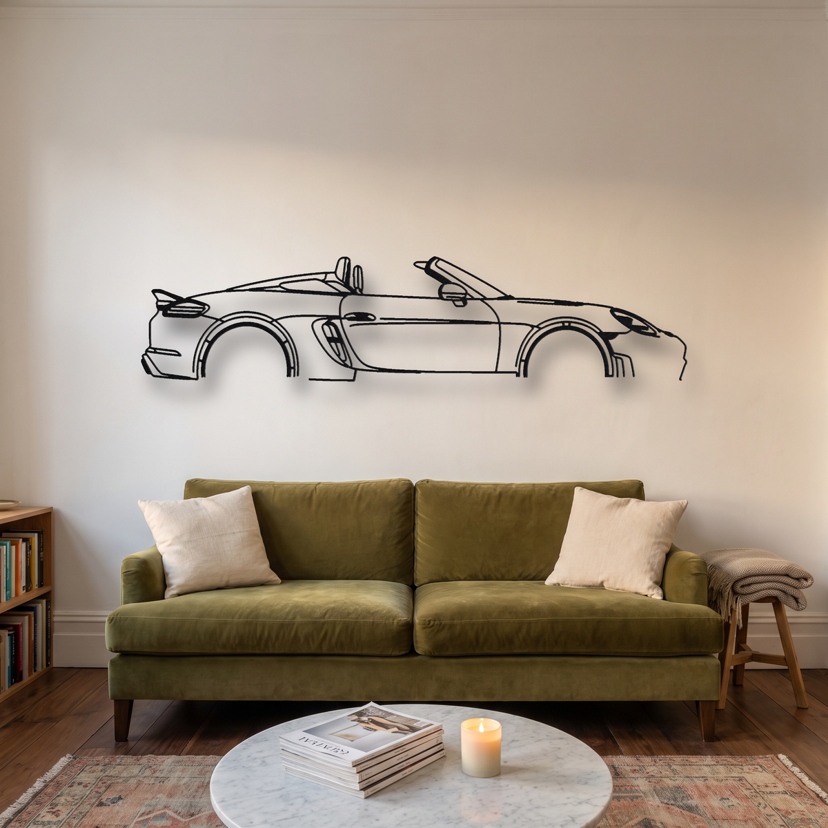 Porsche 718 Spyder RS 982 metal wall art silhouette, front view on wall