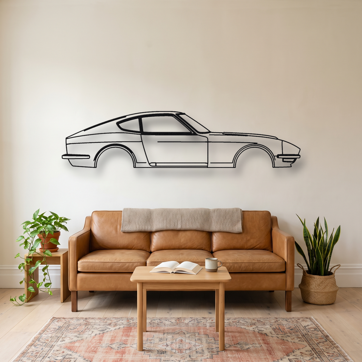 Datsun 240Z metal wall art silhouette, front view on wall