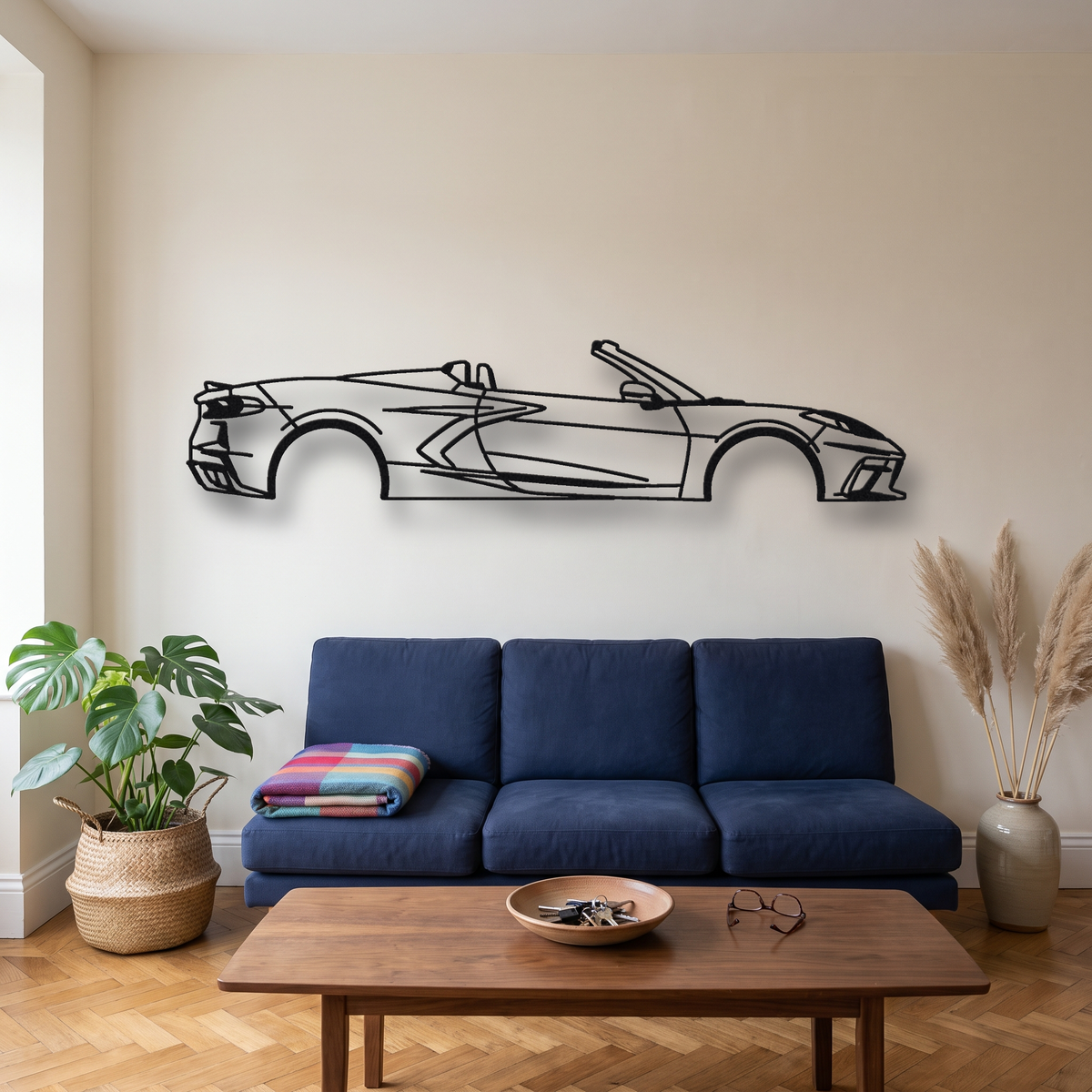 2020- Chevrolet Corvette Stingray Convertible C8 metal wall art silhouette, front view on wall