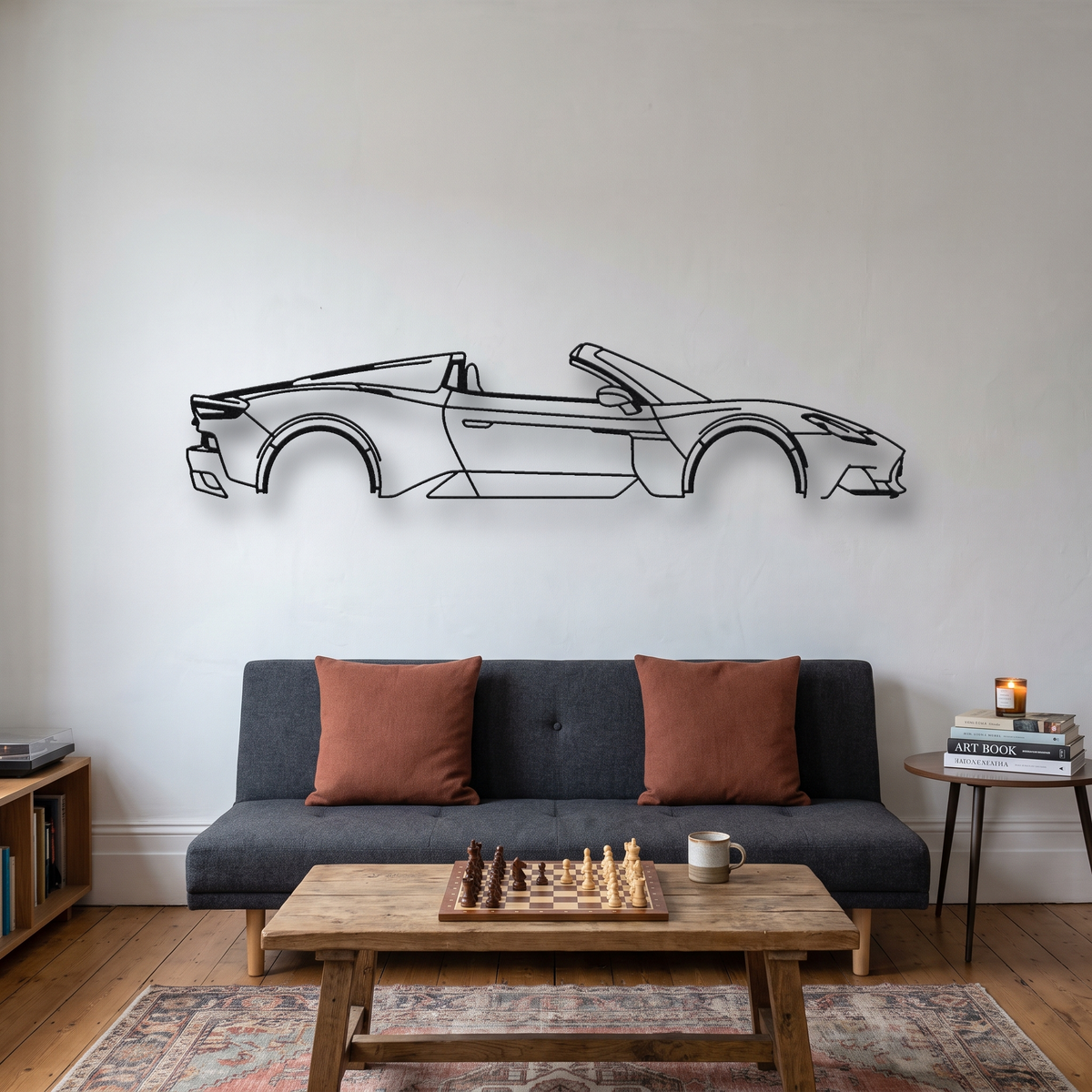 Maserati MCPura Cielo metal wall art silhouette, front view on wall