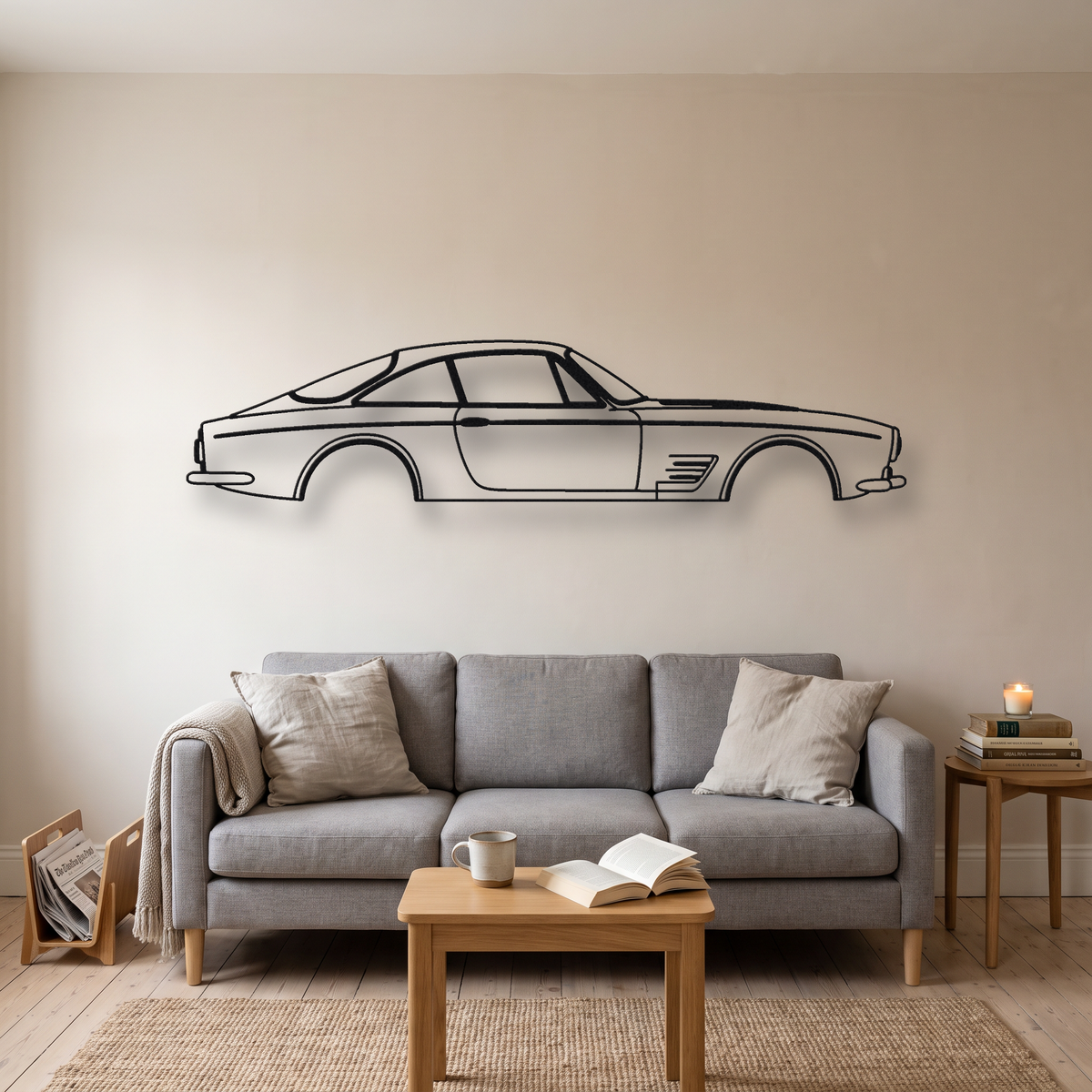 Ferrari 250 GT Lusso metal wall art silhouette, front view on wall