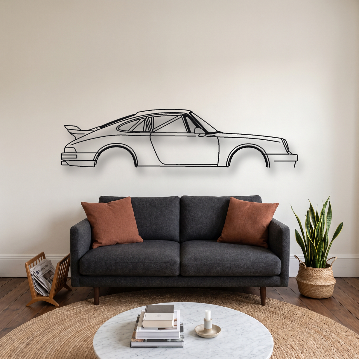 RUF CTR Yellowbird metal wall art silhouette, front view on wall