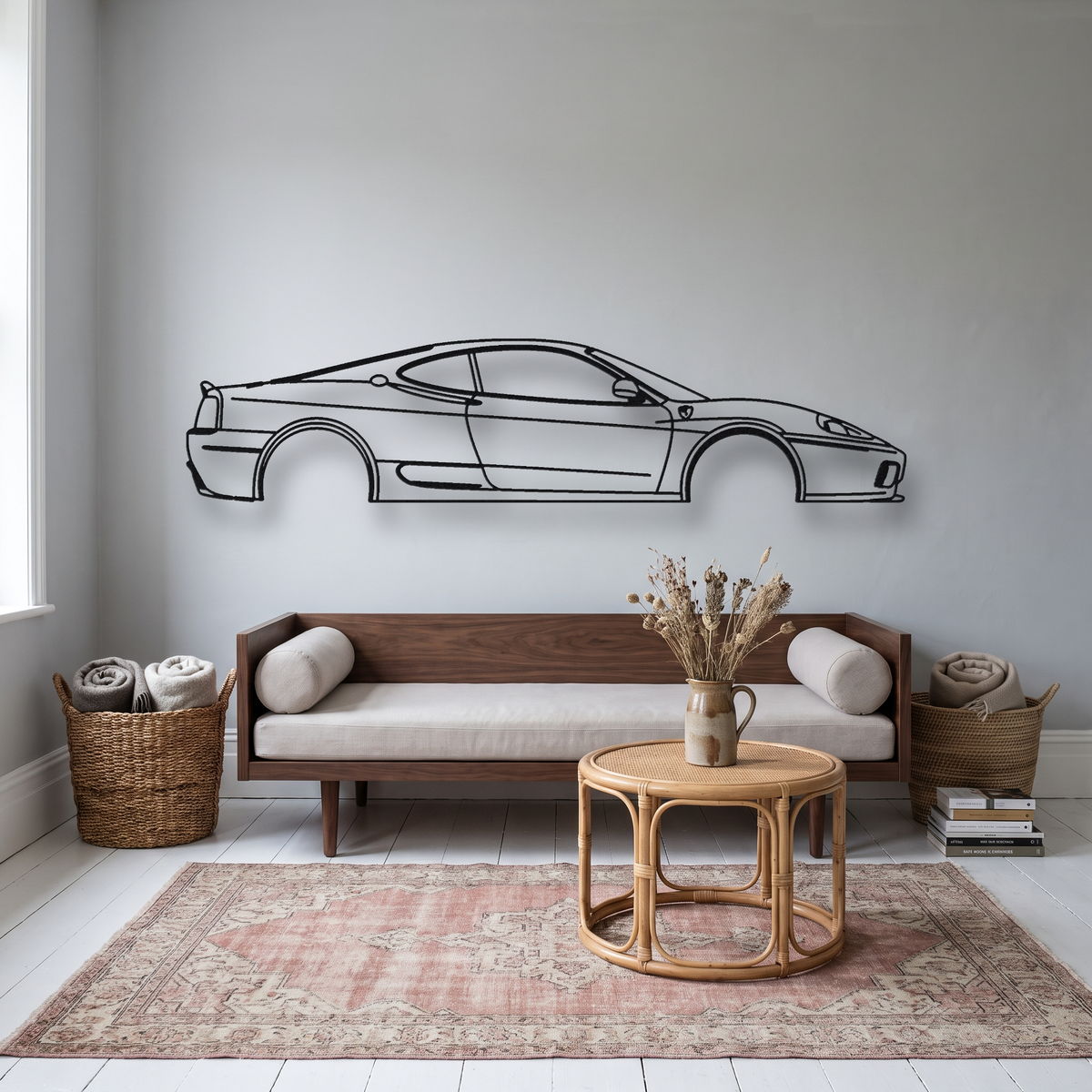 Ferrari 360 Challenge Stradale metal wall art silhouette, front view on wall