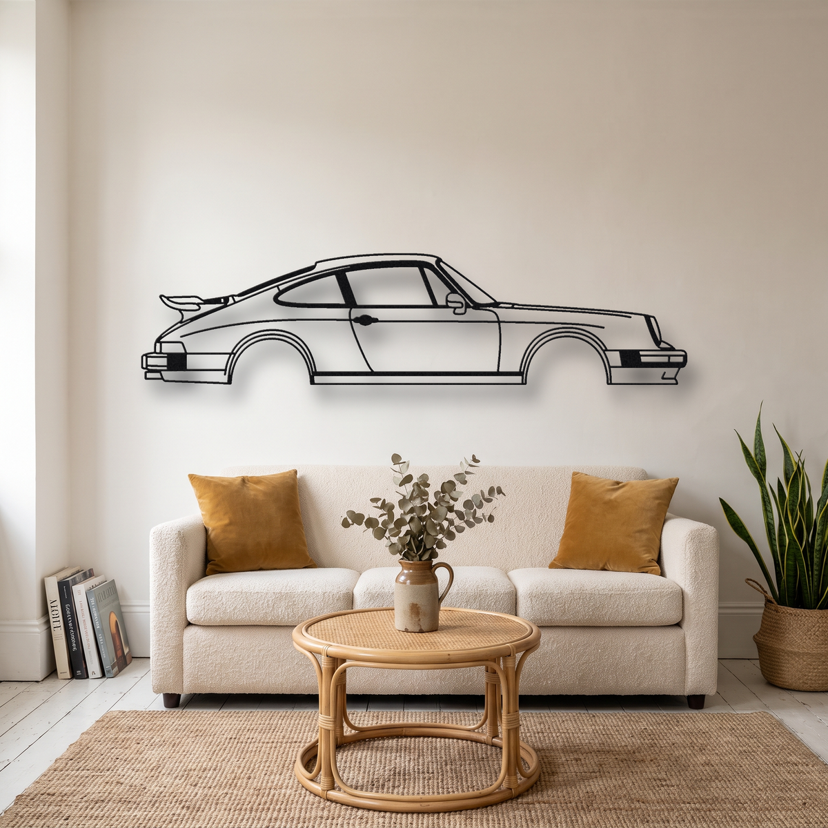 Porsche 911 Carrera 3.2 metal wall art silhouette, front view on wall