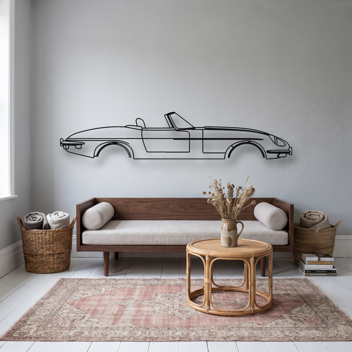 Jaguar E-Type Series 3 Roadster metal wall art silhouette, front view on wall