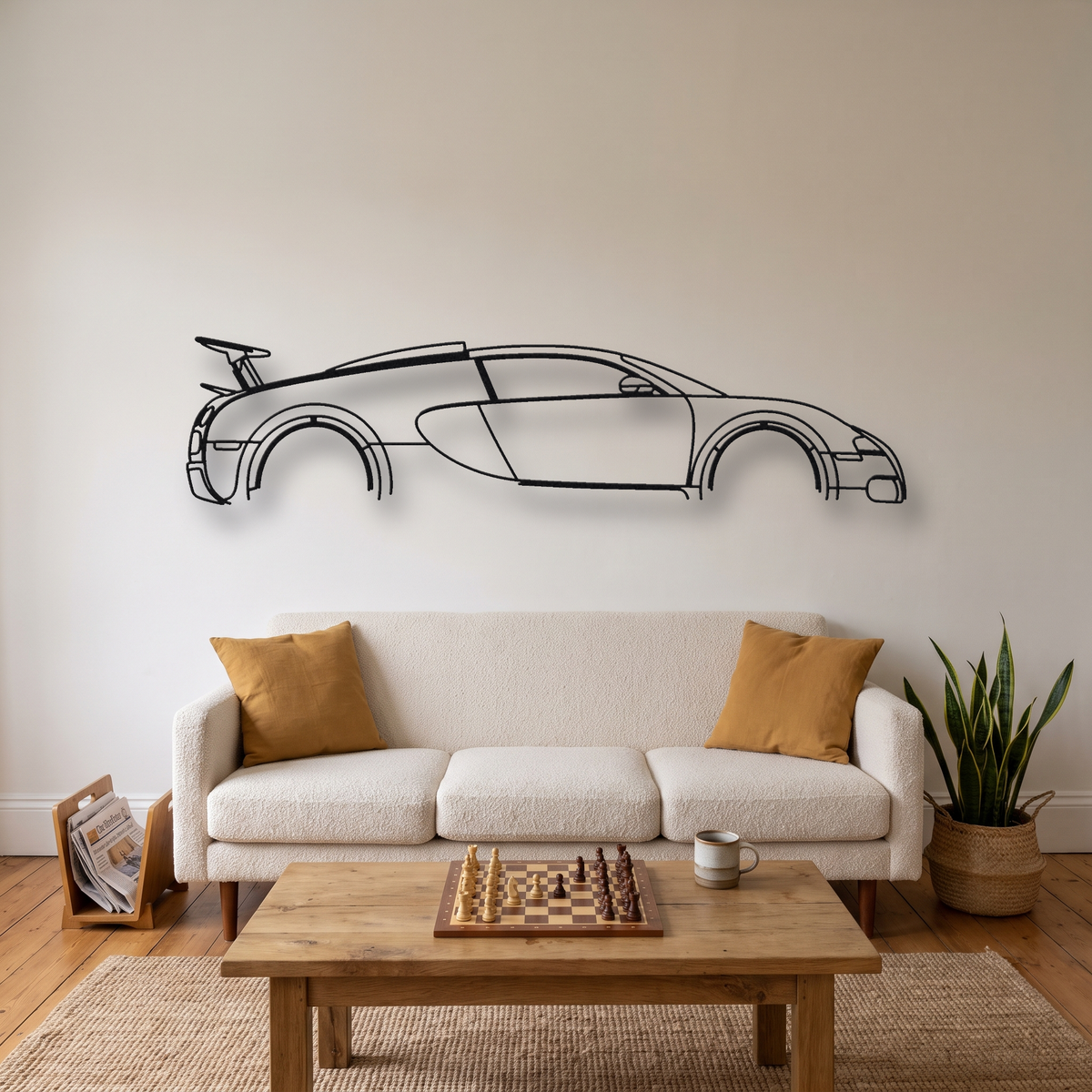 Bugatti Veyron 16.4 metal wall art silhouette, front view on wall