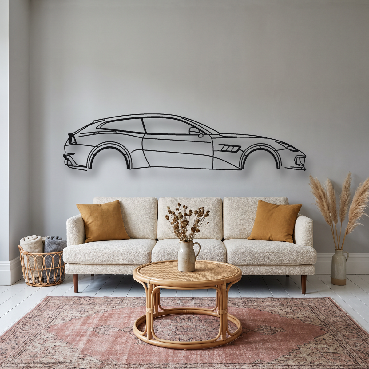 Ferrari GTC4Lusso metal wall art silhouette, front view on wall