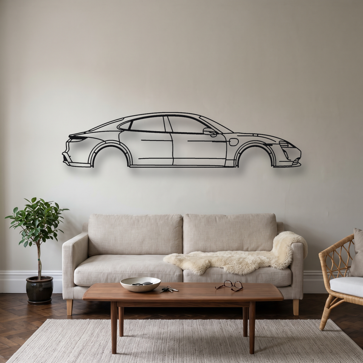 Porsche Taycan Turbo S J1.1 metal wall art silhouette, front view on wall