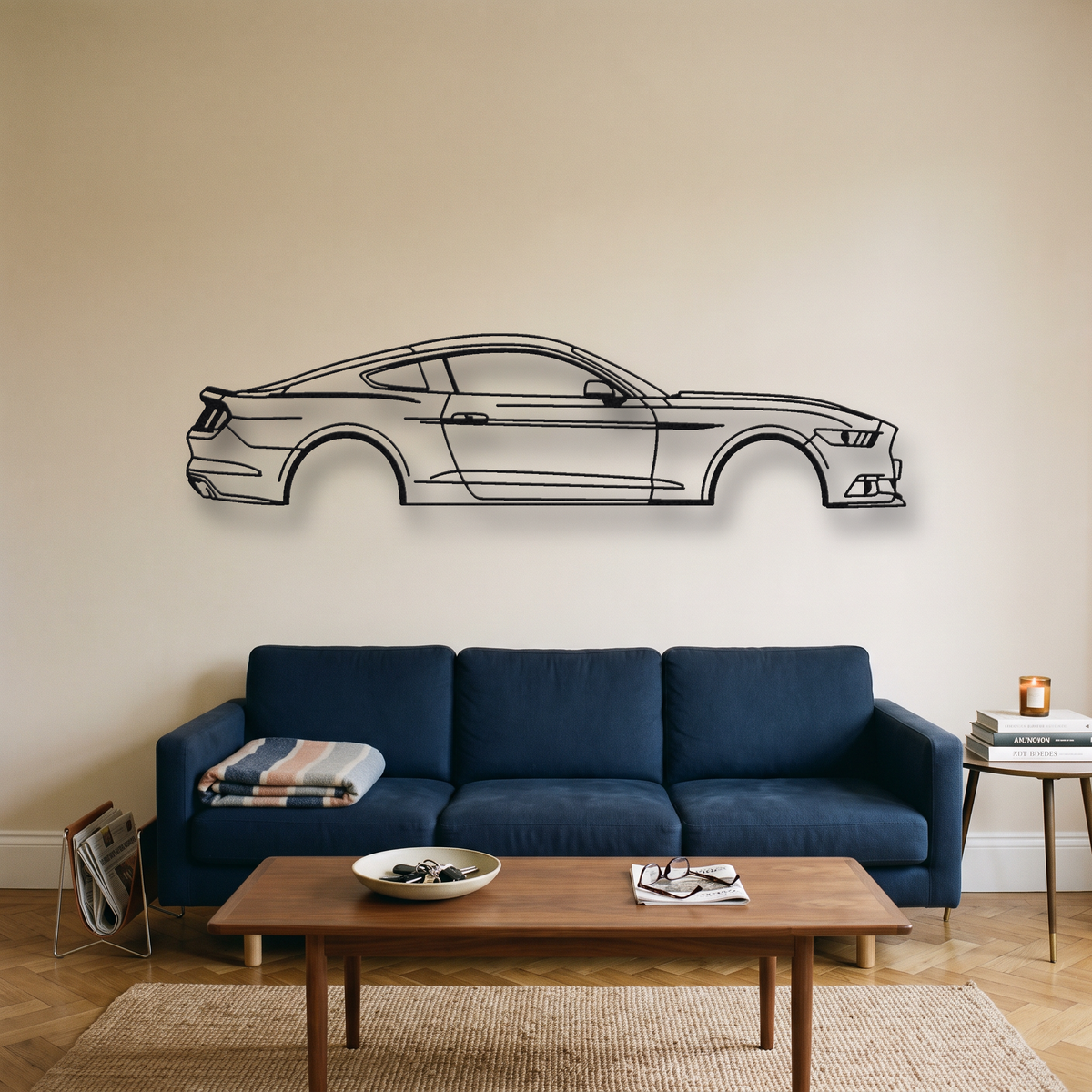Ford Mustang GT S550 metal wall art silhouette, front view on wall