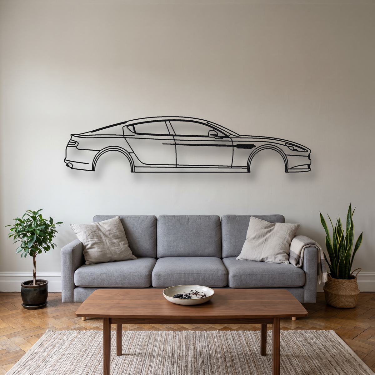 Aston Martin Rapide S metal wall art silhouette, front view on wall