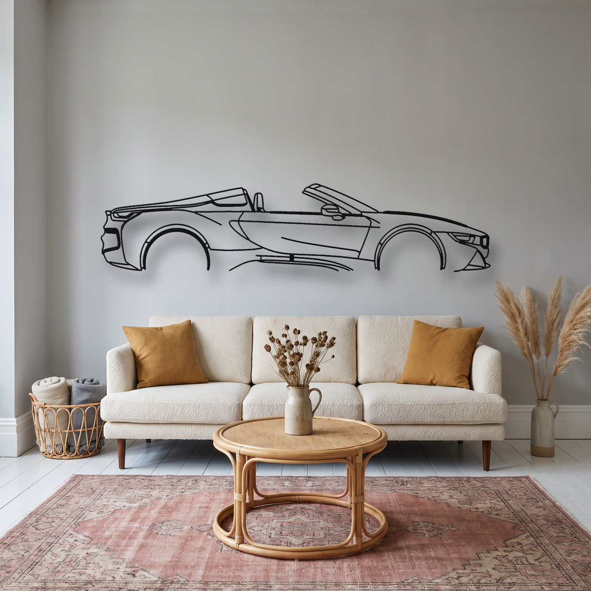 BMW i8 Roadster metal wall art silhouette, front view on wall