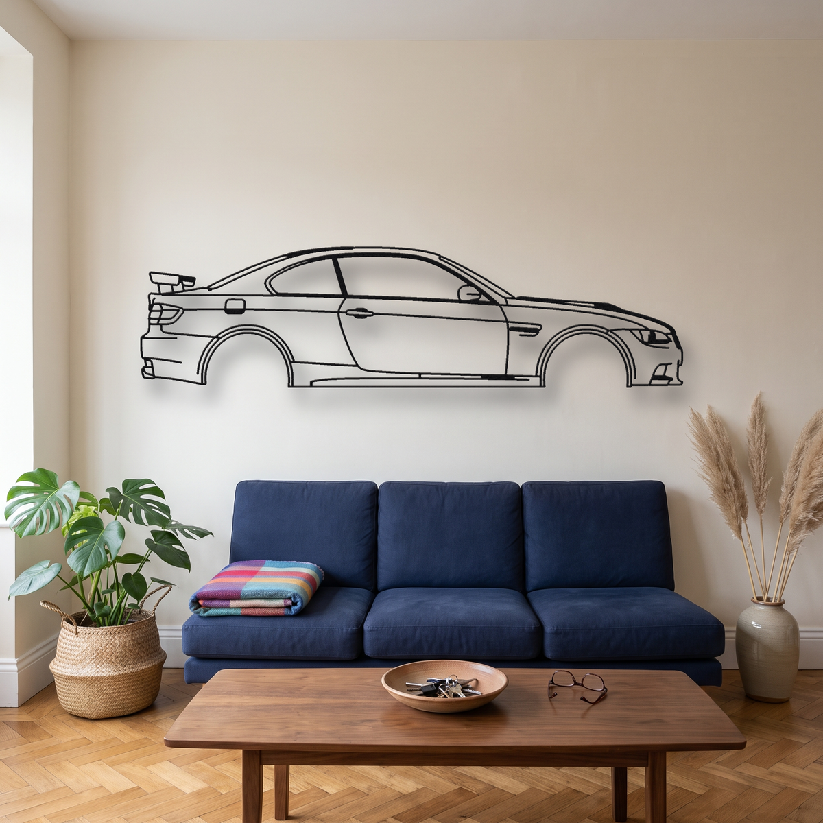 BMW M3 GTS E92 metal wall art silhouette, front view on wall