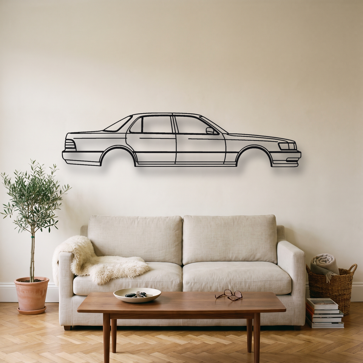 Lexus LS400 UCF10 Gen 1 metal wall art silhouette, front view on wall