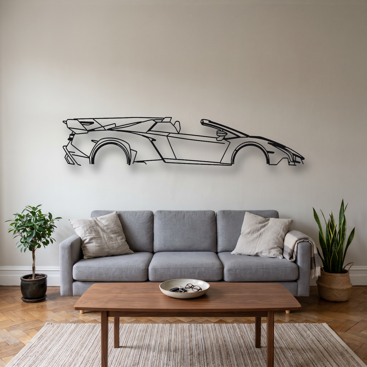 Lamborghini Veneno Roadster metal wall art silhouette, front view on wall