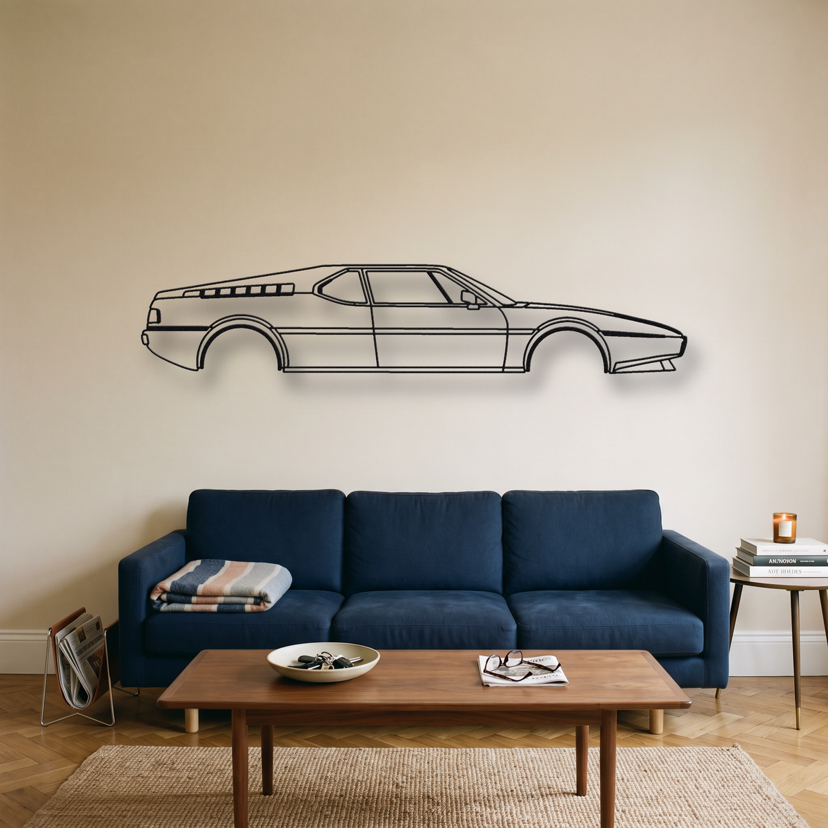 BMW M1 metal wall art silhouette, front view on wall