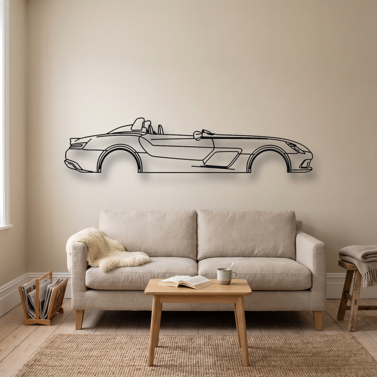 Mercedes-Benz SLR Stirling Moss metal wall art silhouette, front view on wall