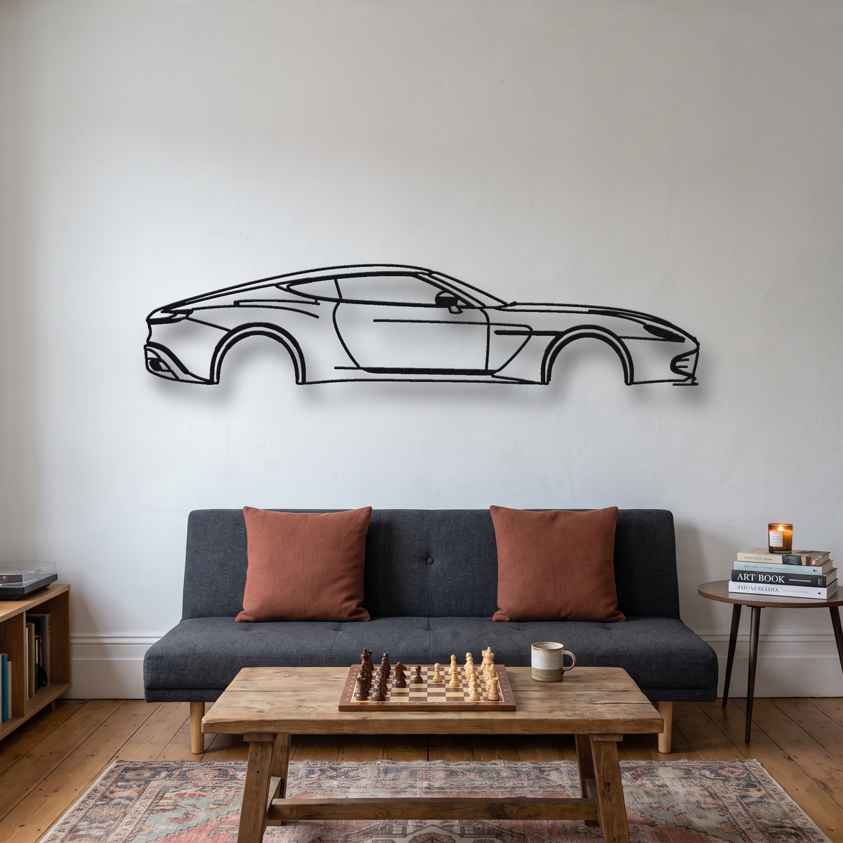 2020 Aston Martin DBS GT Zagato metal wall art silhouette, front view on wall