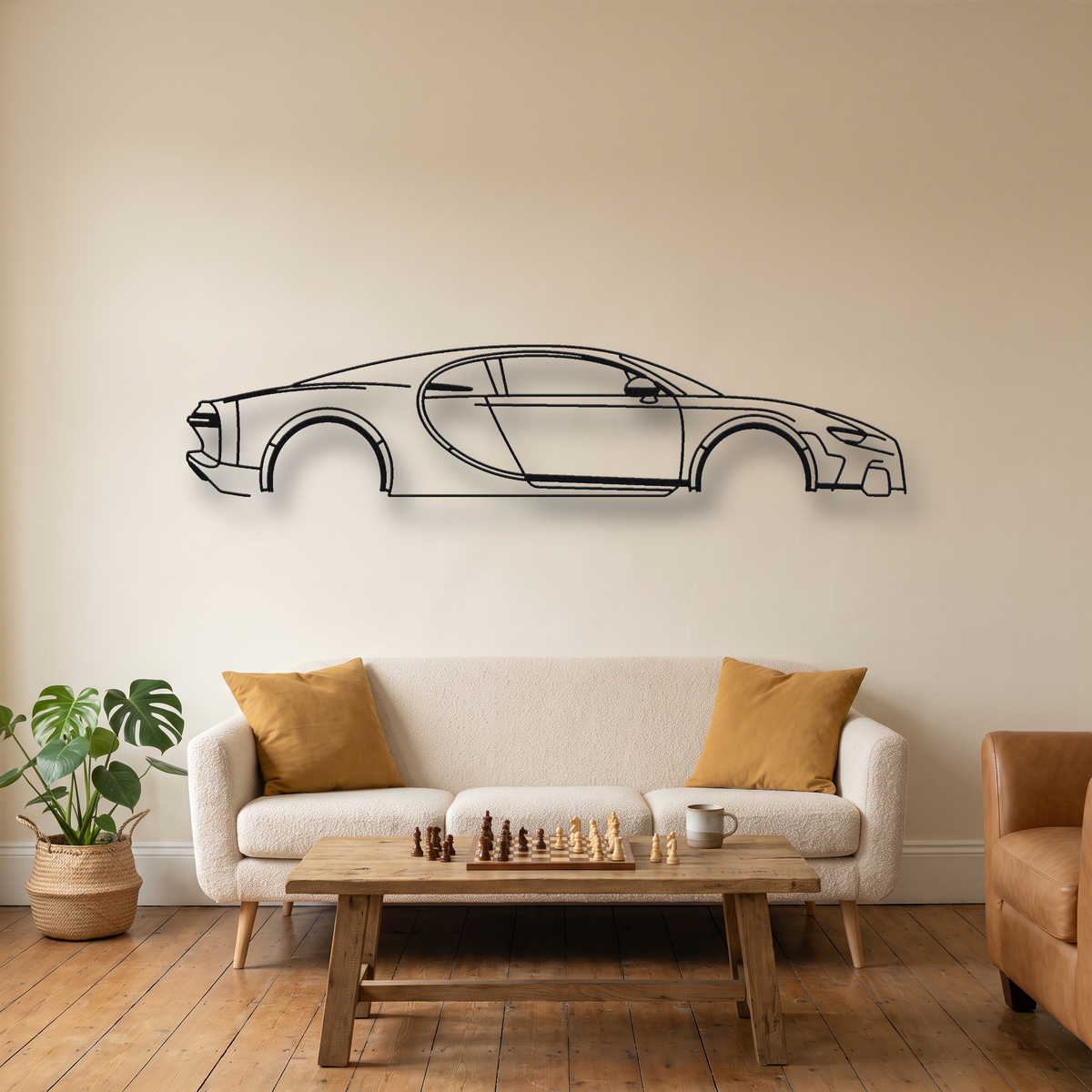 Bugatti Chiron Super Sport 300+ metal wall art silhouette, front view on wall