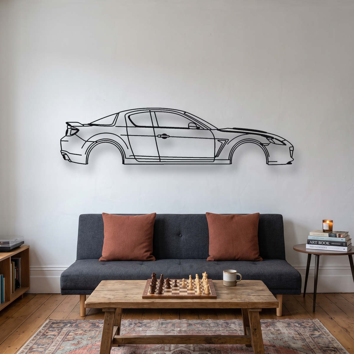 Mazda RX-8 Spirit R metal wall art silhouette, front view on wall