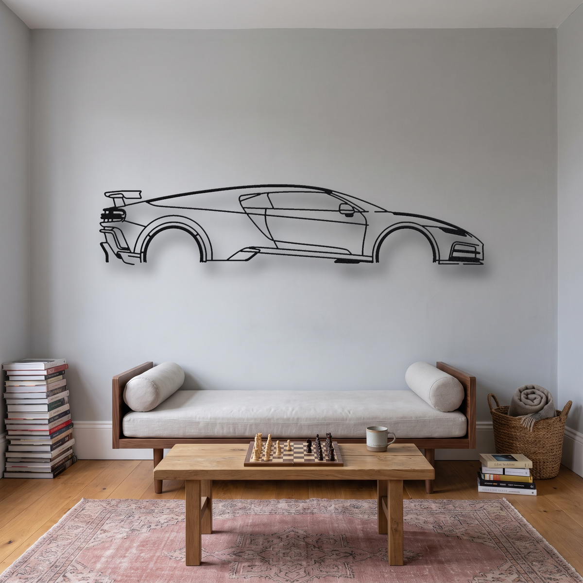 Bugatti Centodieci metal wall art silhouette, front view on wall