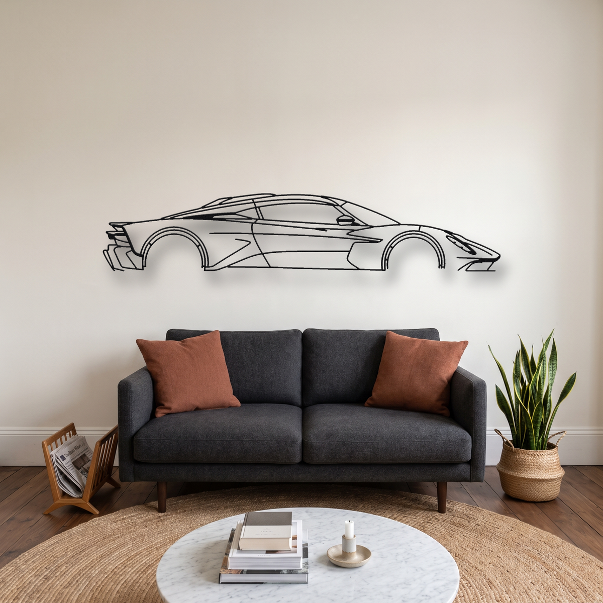 Aston Martin Valhalla metal wall art silhouette, front view on wall