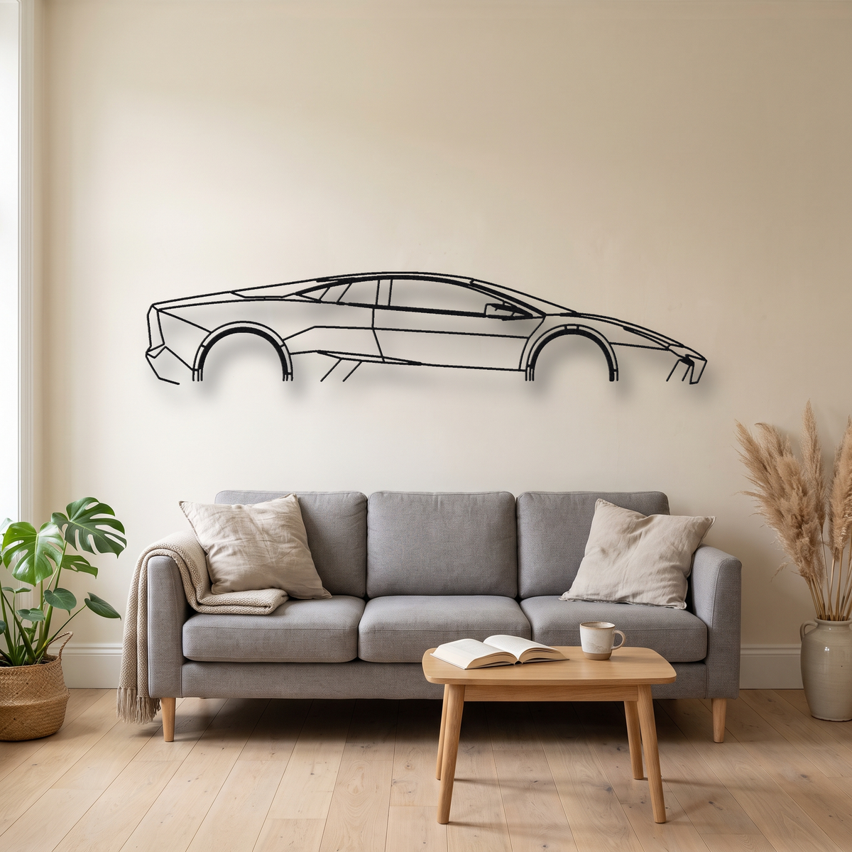 Lamborghini Reventón metal wall art silhouette, front view on wall
