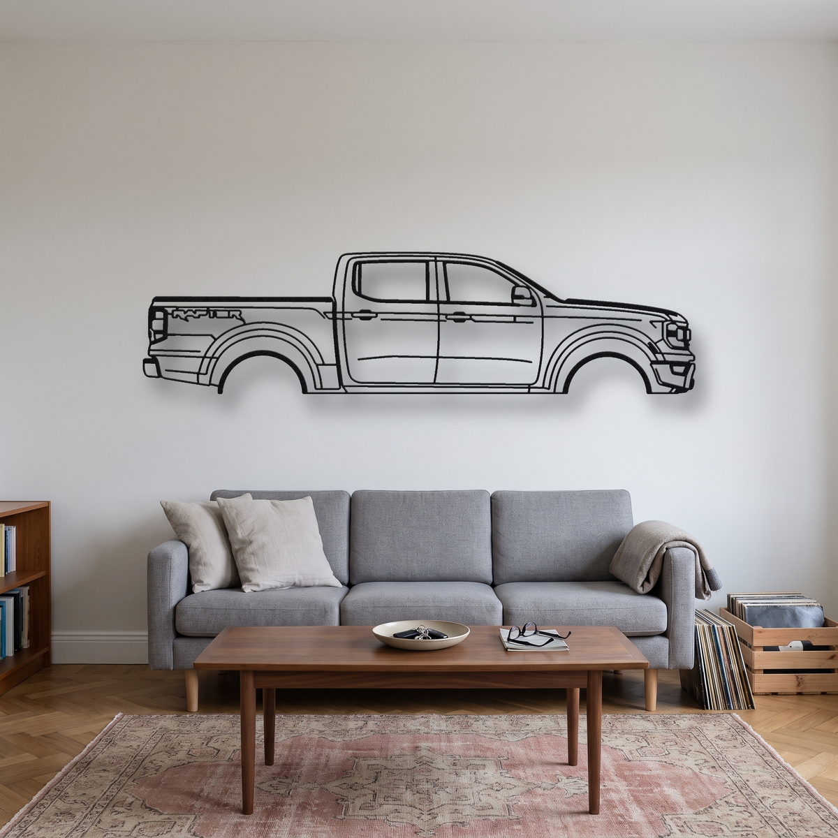 Ford Ranger Raptor metal wall art silhouette, front view on wall
