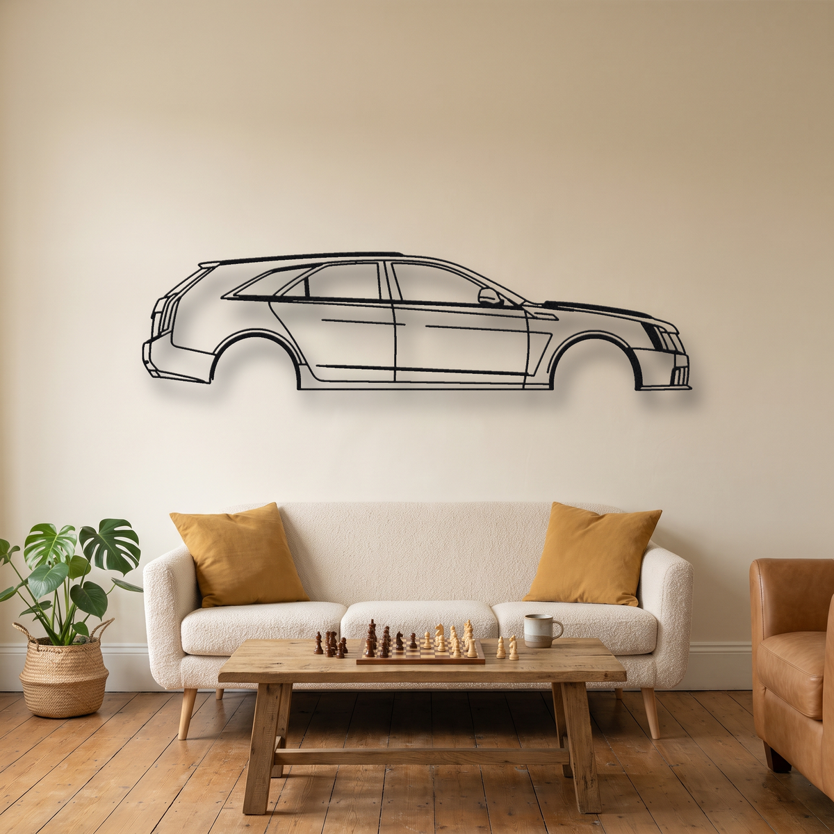 Cadillac CTS-V Sport Wagon Gen 2 metal wall art silhouette, front view on wall